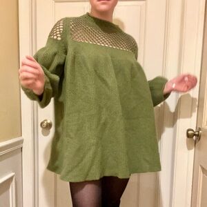 Twinset Green Knit Mini Sweater Dress with Mesh Detail